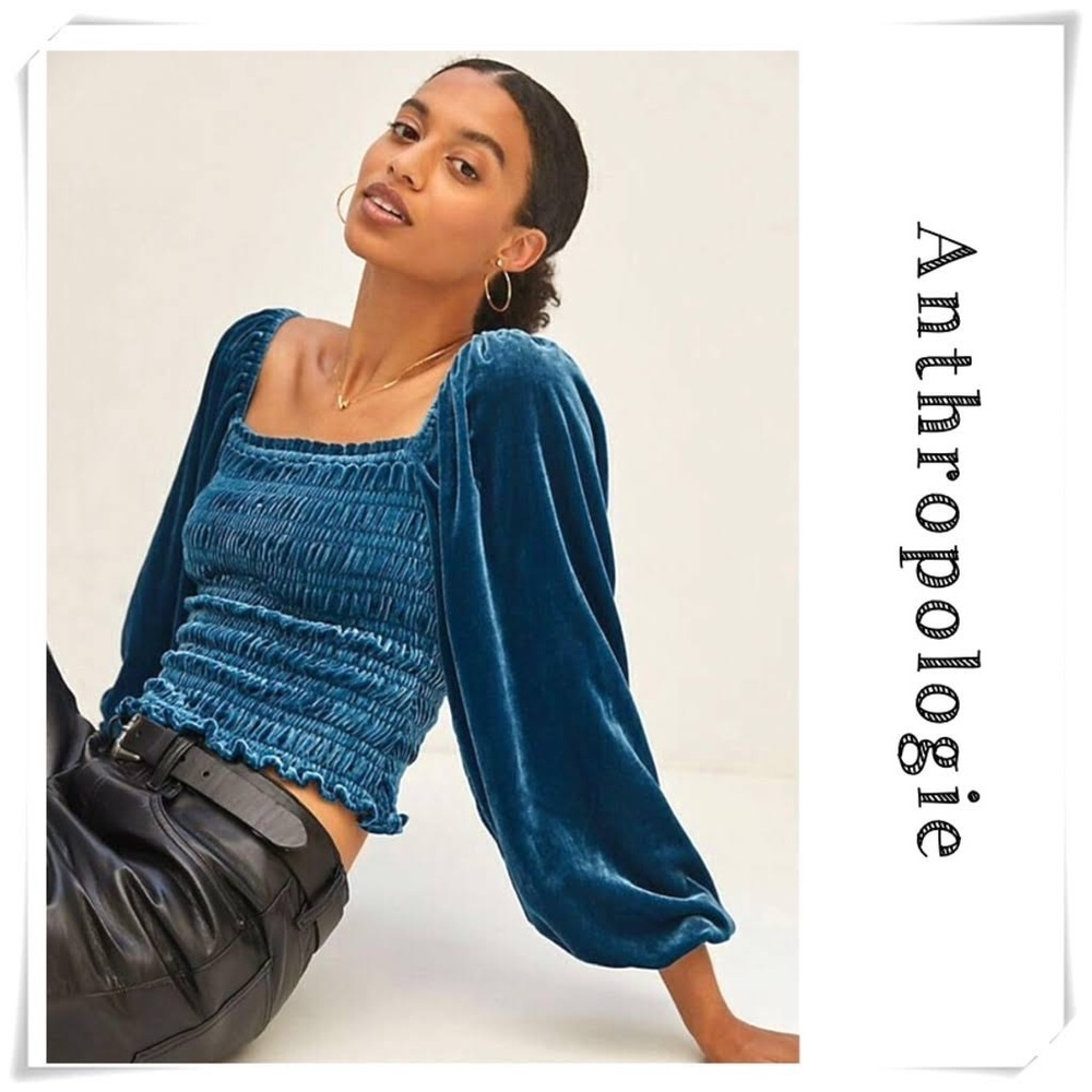 Anthropologie Gold Puff-Sleeved Velvet Blouse Blue